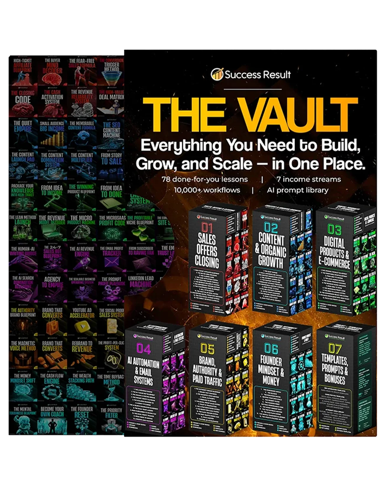 The Success Result Vault — 7 income stream boxes and the full library